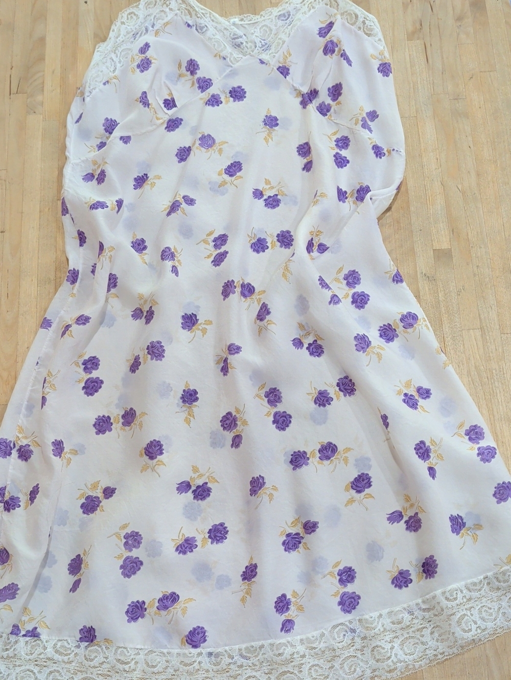 Vintage White Slip Dress with Purple Roses And Lace Size 4